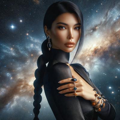 The primary subject of the image is a woman with long black hair, wearing a black shirt and a necklace. She is posing for the camera, and her hair is styled in a braid. The setting is a space background, which adds a unique and futuristic atmosphere to the scene. The visual style is a digital art, creating a realistic and detailed representation of the woman. The colors and mood of the image are predominantly dark, with the woman's hair and the space background being the main